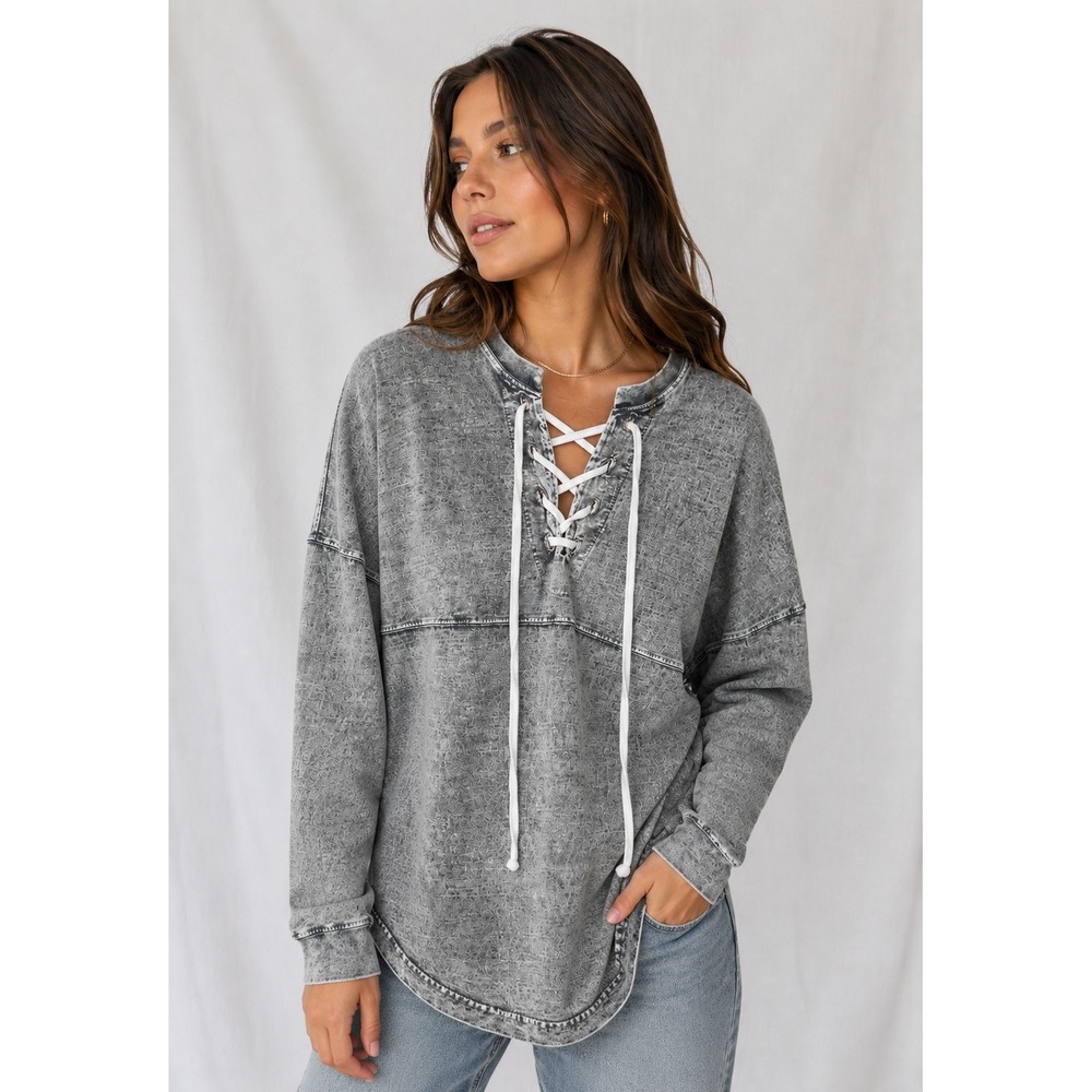Spirit Jersey Womens Small Grey Acid Wash Lace Up Long Sleeve Pullover Top USA
